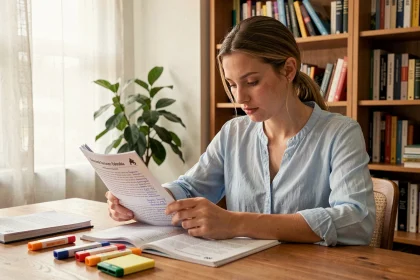 Jeune femme étudiant le code de la route 2026 avec un manuel et des notes manuscrites sur un bureau en bois