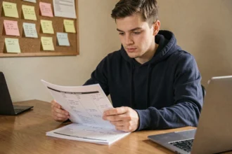 Jeune homme étudiant les questions du permis de conduire 2026 sur un bureau en bois avec un livret annoté