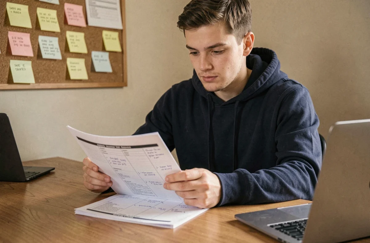 Jeune homme étudiant les questions du permis de conduire 2026 sur un bureau en bois avec un livret annoté