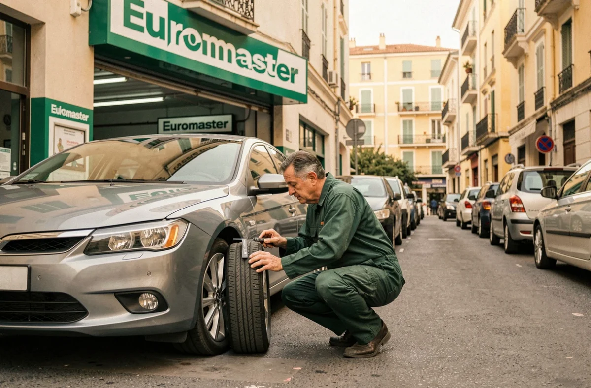 Mécanicien inspectant un pneu devant le garage Euromaster Marseille 9ème