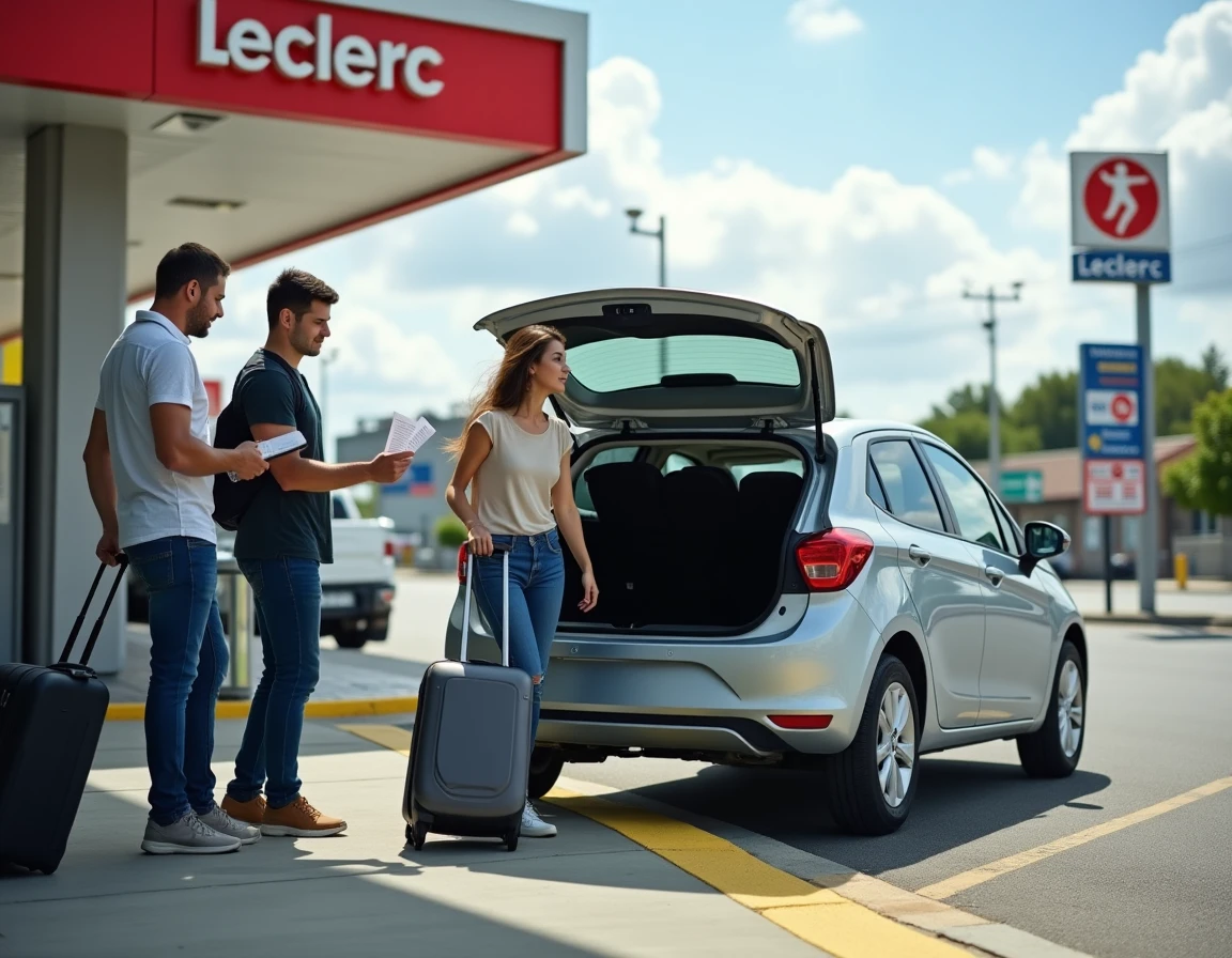 Famille chargeant des bagages dans une voiture de location Leclerc dans une zone commerciale
