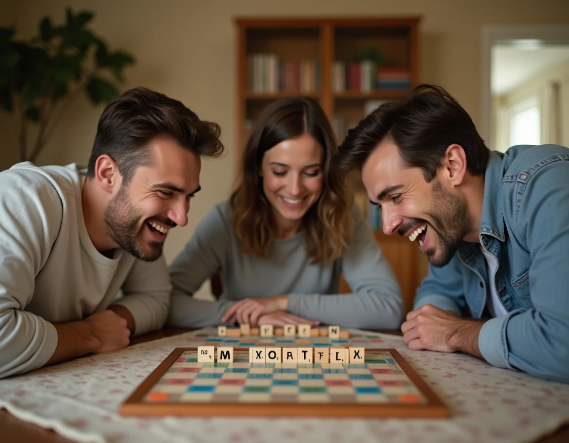 Famille jouant au scrabble autour d'une table avec des mots en M sur le plateau de jeu