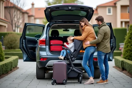 Famille avec SUV en pr&eacute;paration de voyage devant maison
