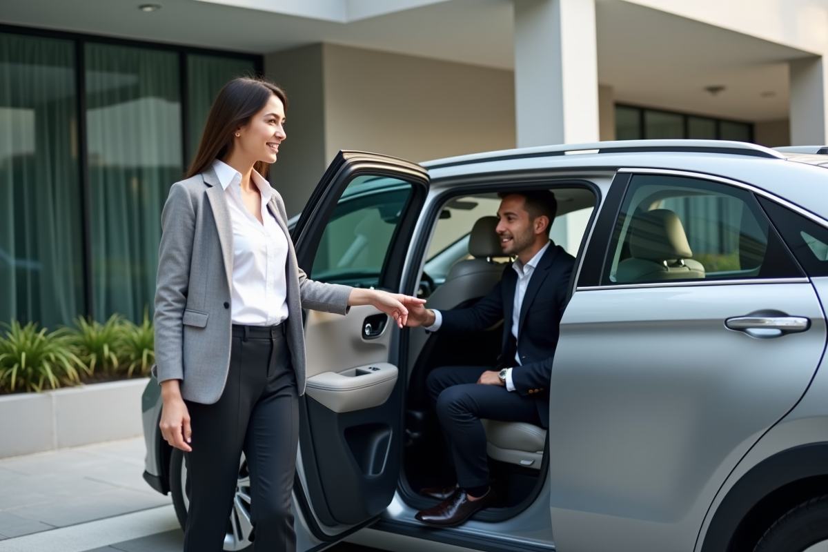 Jeune femme aidant un client dans une voiture hybride