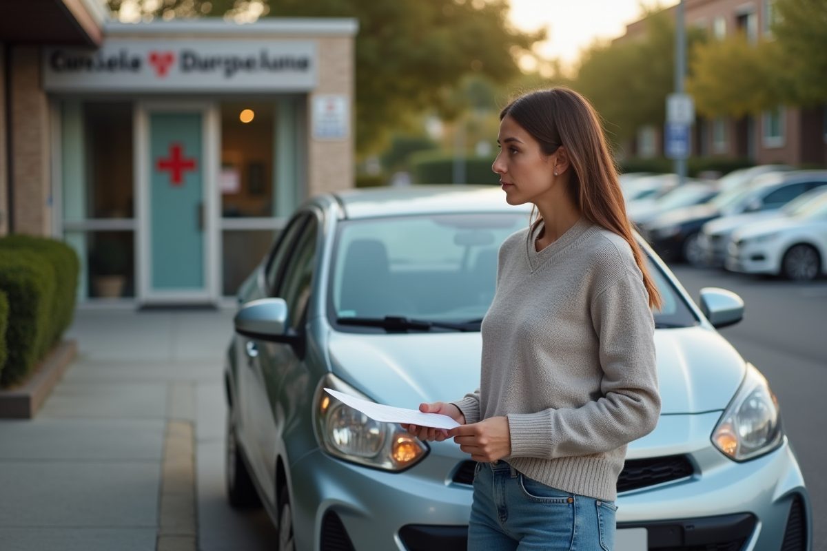 Jeune femme à côté de sa voiture en attente à l