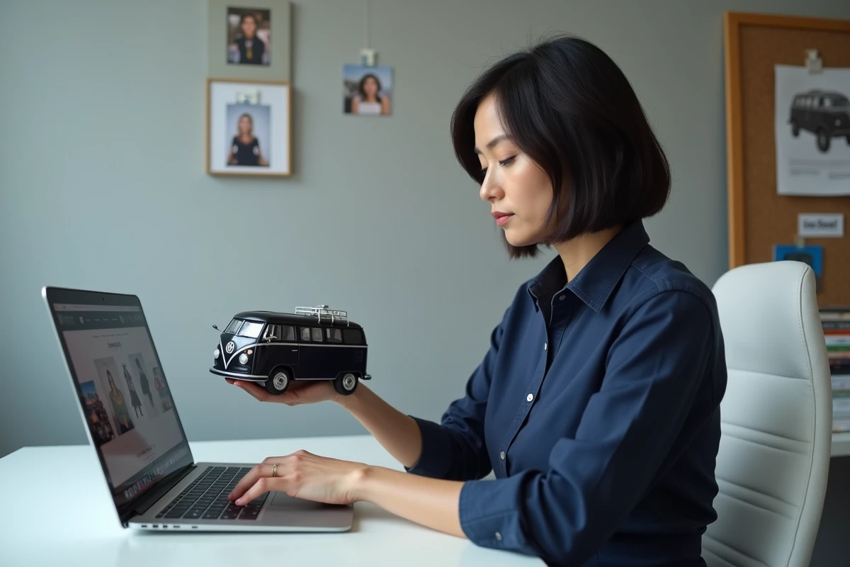 Femme authentifiant une réplique du camion de l'Agence tous risques en comparant le modèle réduit avec des références en ligne sur un ordinateur portable
