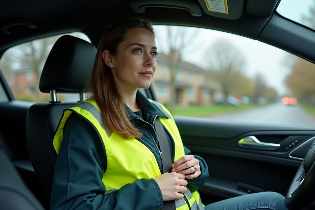 Jeune femme attachant sa ceinture dans une voiture moderne