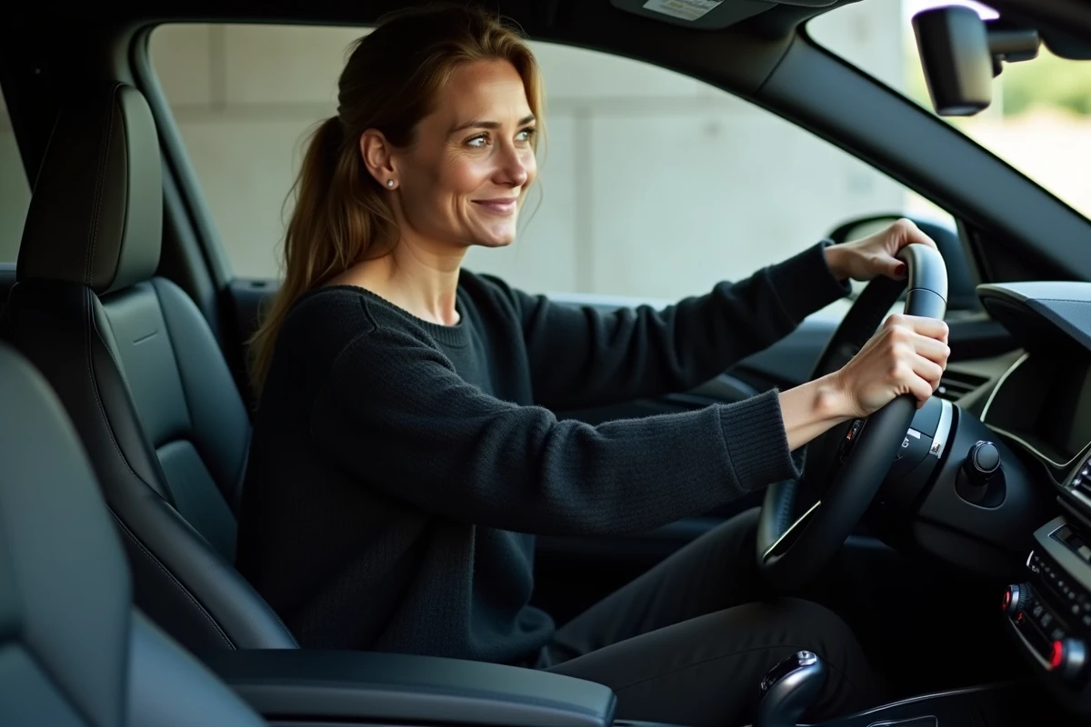 Femme dans l intérieur d une BMW 2026 tii au garage