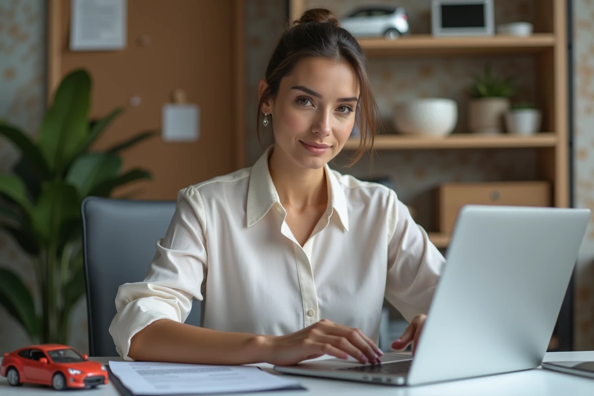 Femme au bureau avec une Subaru en arrière-plan
