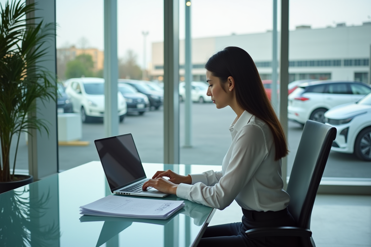 Femme au bureau examinant des papiers avec un ordinateur portable