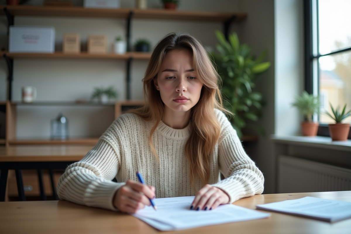 Jeune femme lisant des papiers dans un bureau lumineux