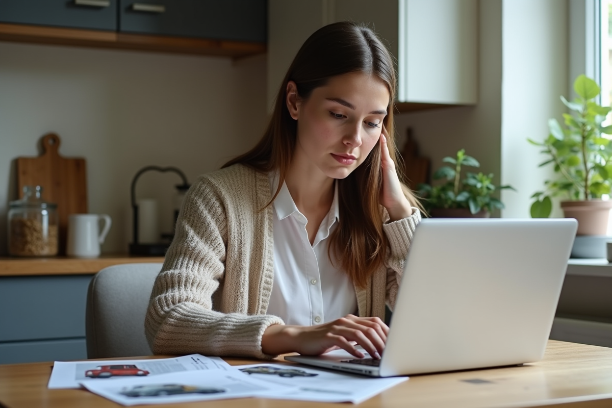 Femme calcule des coûts de véhicules dans une cuisine