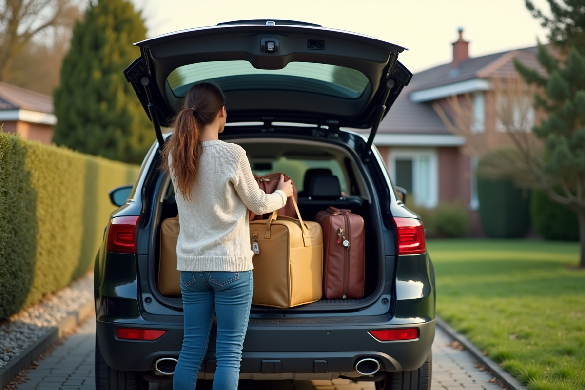 Jeune femme sécurise ses bagages dans un coffre de voiture en banlieue