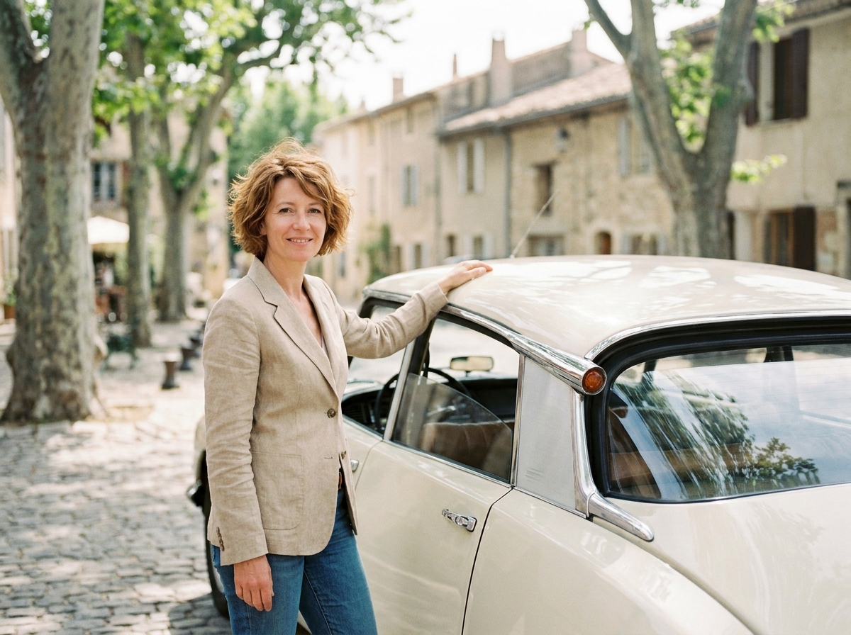 Femme propriétaire posant fièrement avec une Citroën DS classique crème dans un village provençal, contexte assurance véhicule de collection