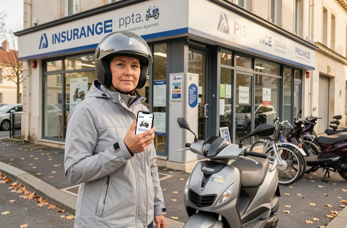 Femme conductrice de scooter MP3 350 comparant des assurances sur smartphone devant une agence