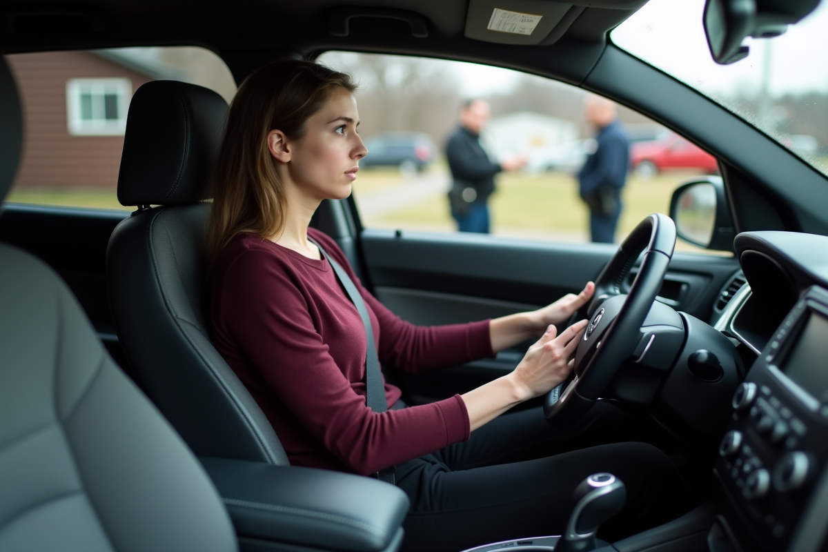 Jeune femme anxieuse dans sa voiture avec policiers à côté