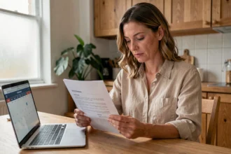 Femme consultant son contrat d'assurance auto à la maison avant la date d'échéance