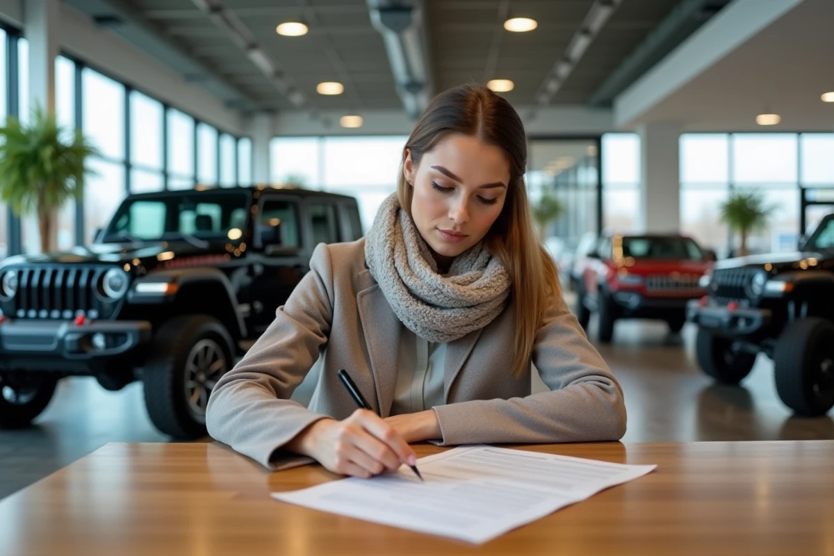 Femme examine un contrat dans un concessionnaire