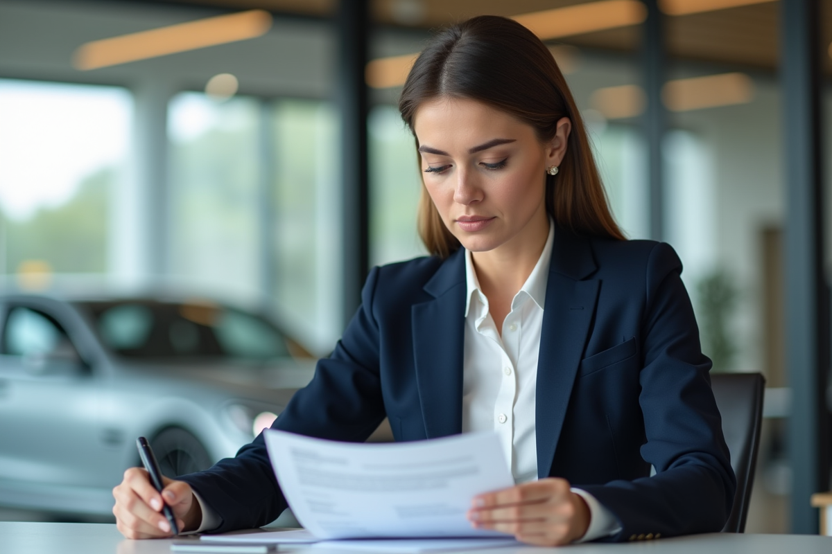 Femme professionnelle en bureau examinant documents de location voiture