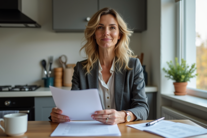 Femme d'&acirc;ge m&ucirc;r examine des documents d'assurance auto &agrave; la maison
