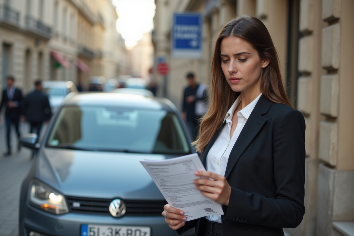 Jeune femme vérifiant un document devant une voiture en ville