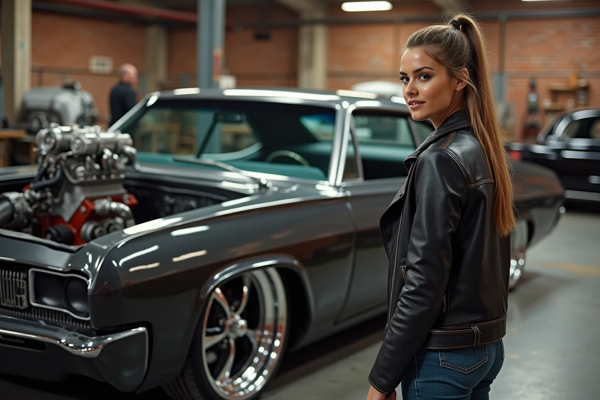 Jeune femme examinant une Chevrolet Impala modifiee