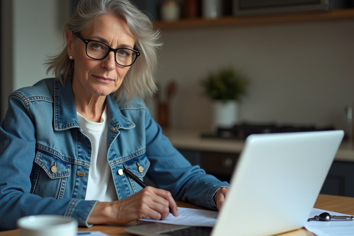 Femme d'âge moyen remplissant une déclaration de perte sur son ordinateur