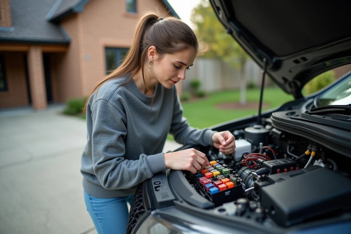 Jeune femme vérifiant un fusible dans une voiture