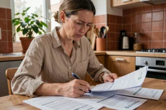 Femme consultant des documents d'assurance auto à la table de sa cuisine