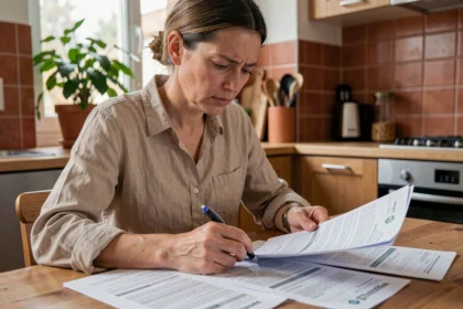 Femme consultant des documents d'assurance auto à la table de sa cuisine