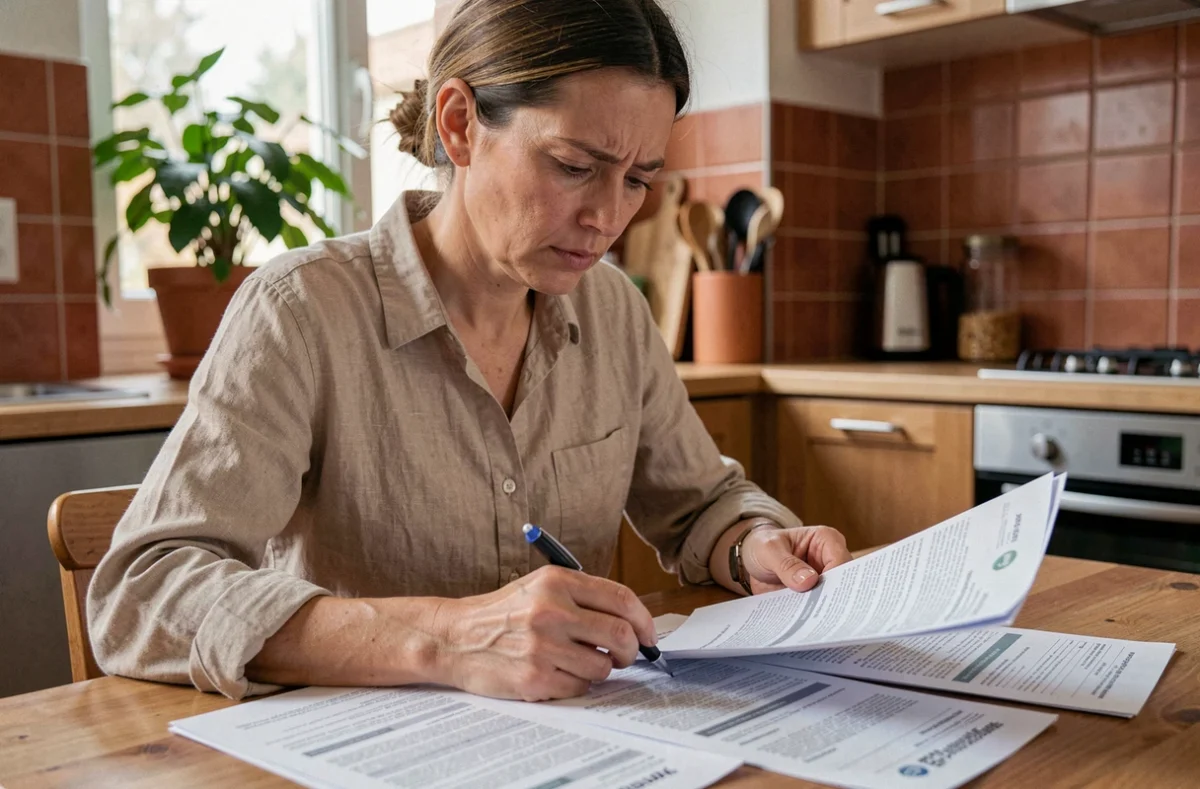 Femme consultant des documents d'assurance auto à la table de sa cuisine