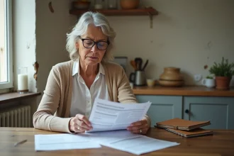 Femme consultant des documents d'assurance après un sinistre domestique pour réclamer le remboursement des frais de gardiennage
