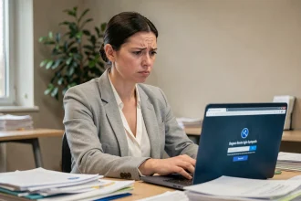 Femme frustrée devant un écran d'erreur de connexion sur son ordinateur portable au bureau
