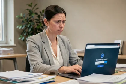 Femme frustrée devant un écran d'erreur de connexion sur son ordinateur portable au bureau
