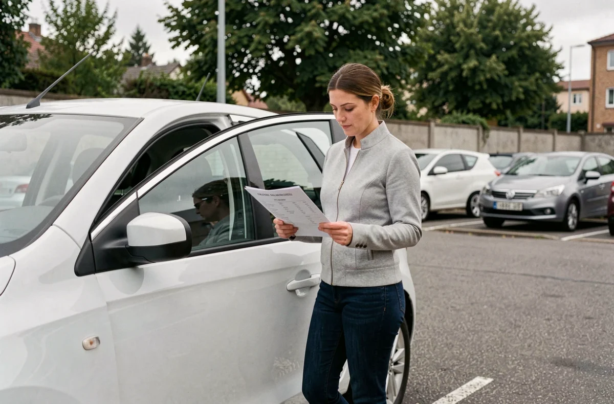 Femme consultant une fiche technique de voiture dans un parking, cherchant à comprendre la conversion kilowatts en chevaux