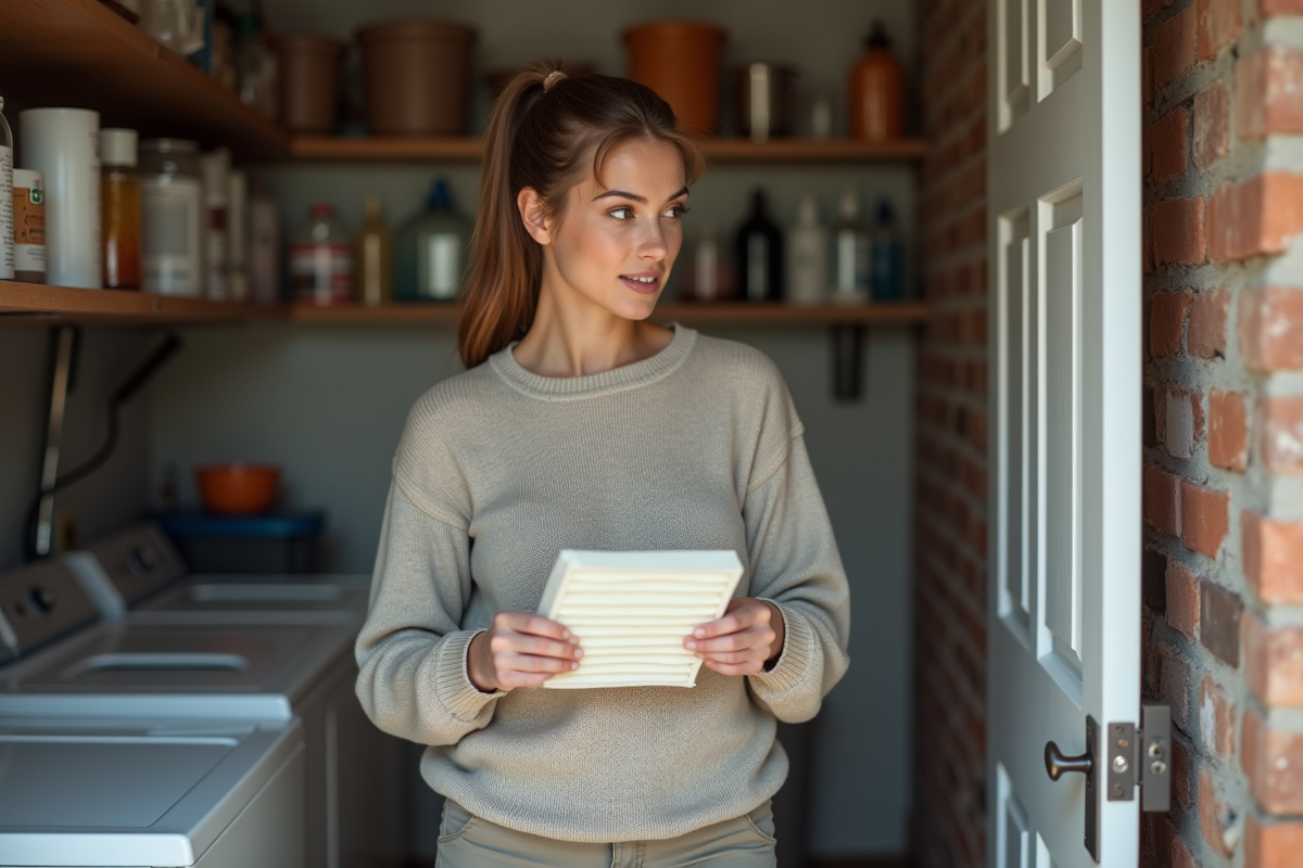Jeune femme tient un filtre à air dans une buanderie organisée
