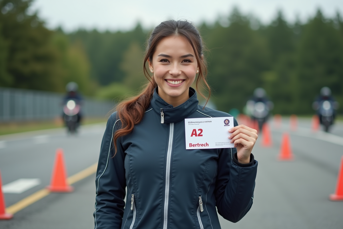 Femme souriante avec permis A2 sur terrain d