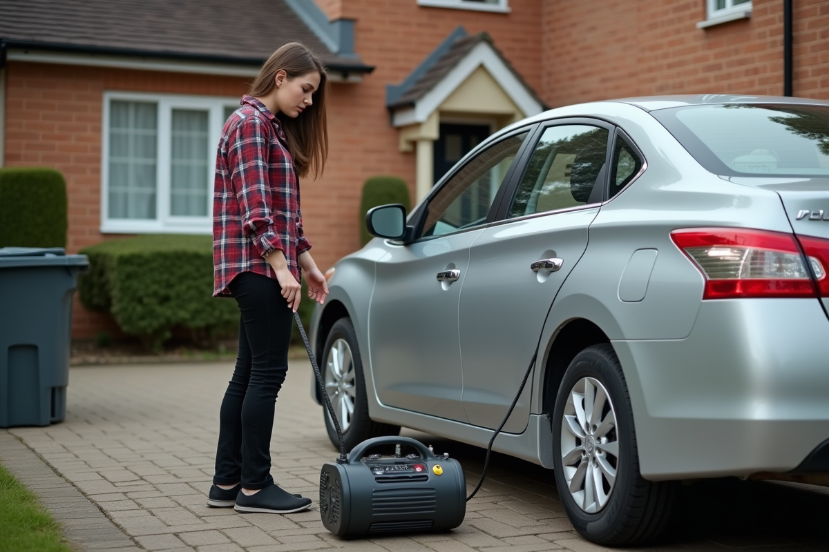 Jeune femme utilisant un compresseur pour gonfler un pneu