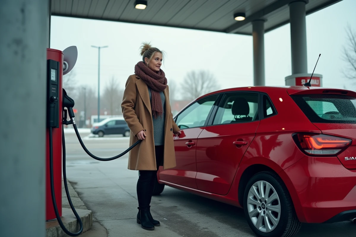 Femme gonflant les pneus de sa Seat Ibiza à la station-service en hiver