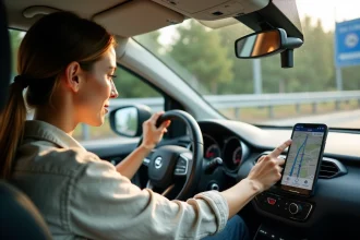 Femme consultant l'application Mappy sur smartphone monté dans une voiture sur une aire d'autoroute en France