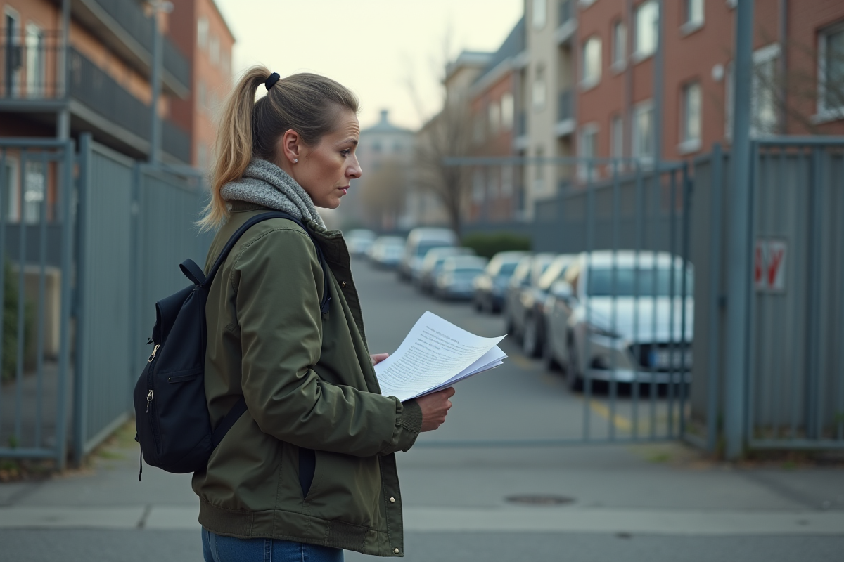 Femme inquiète près d'un parking de fourrière urbaine