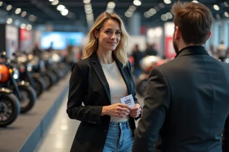 Femme en blazer interviewant un designer de motos à Milan