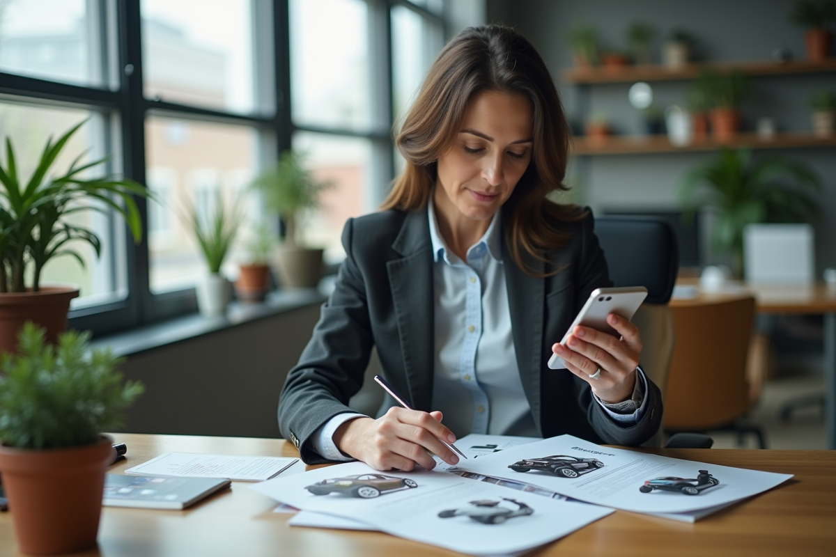Femme d affaires compare catalogues de scooters