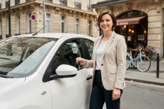 Femme tenant les clés d'une voiture sans permis en location longue durée dans une rue française