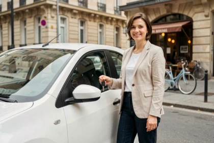 Femme tenant les clés d'une voiture sans permis en location longue durée dans une rue française
