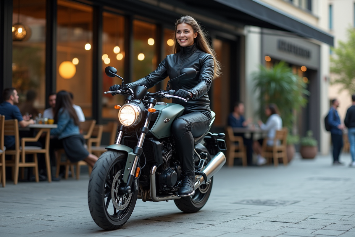 Femme souriante en combinaison moto devant un café urbain
