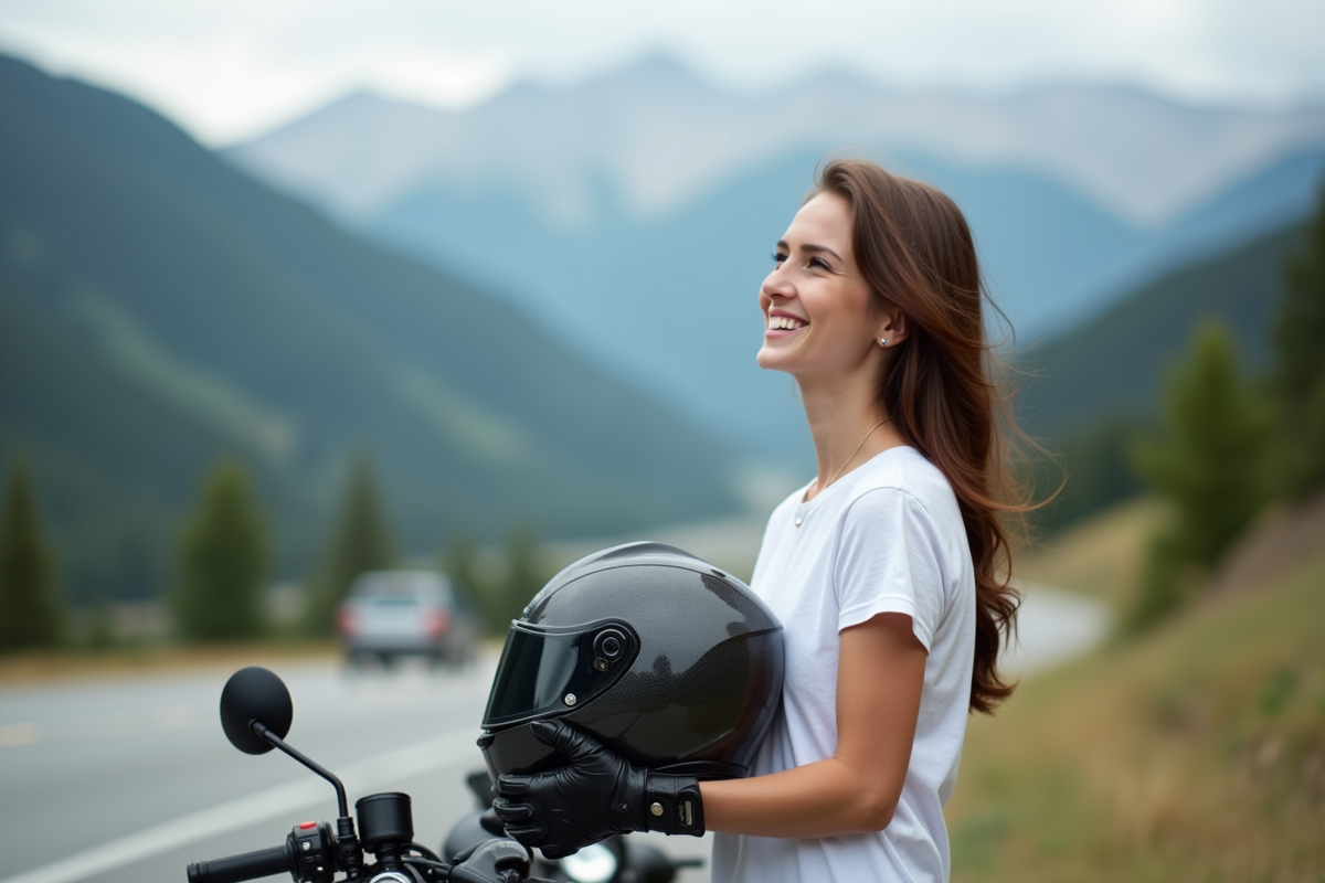 Jeune femme avec casque moto regarde paysage montagne