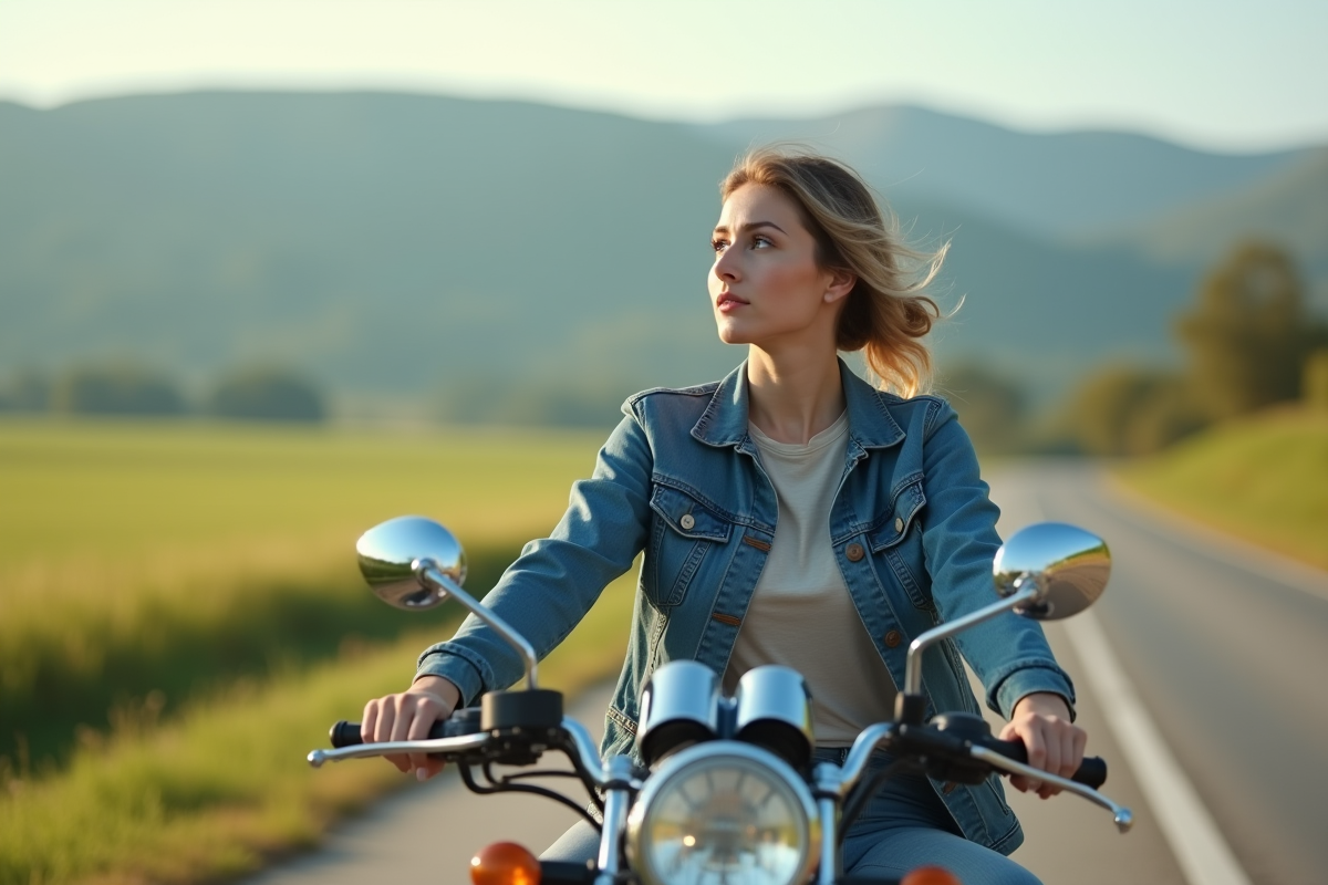 Jeune femme sur moto 125cc dans la campagne calme