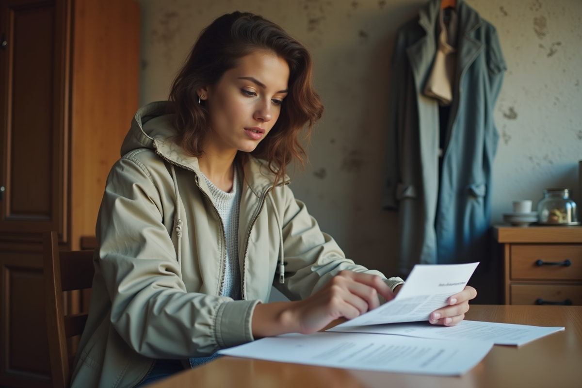Femme motard assise à la cuisine avec papiers