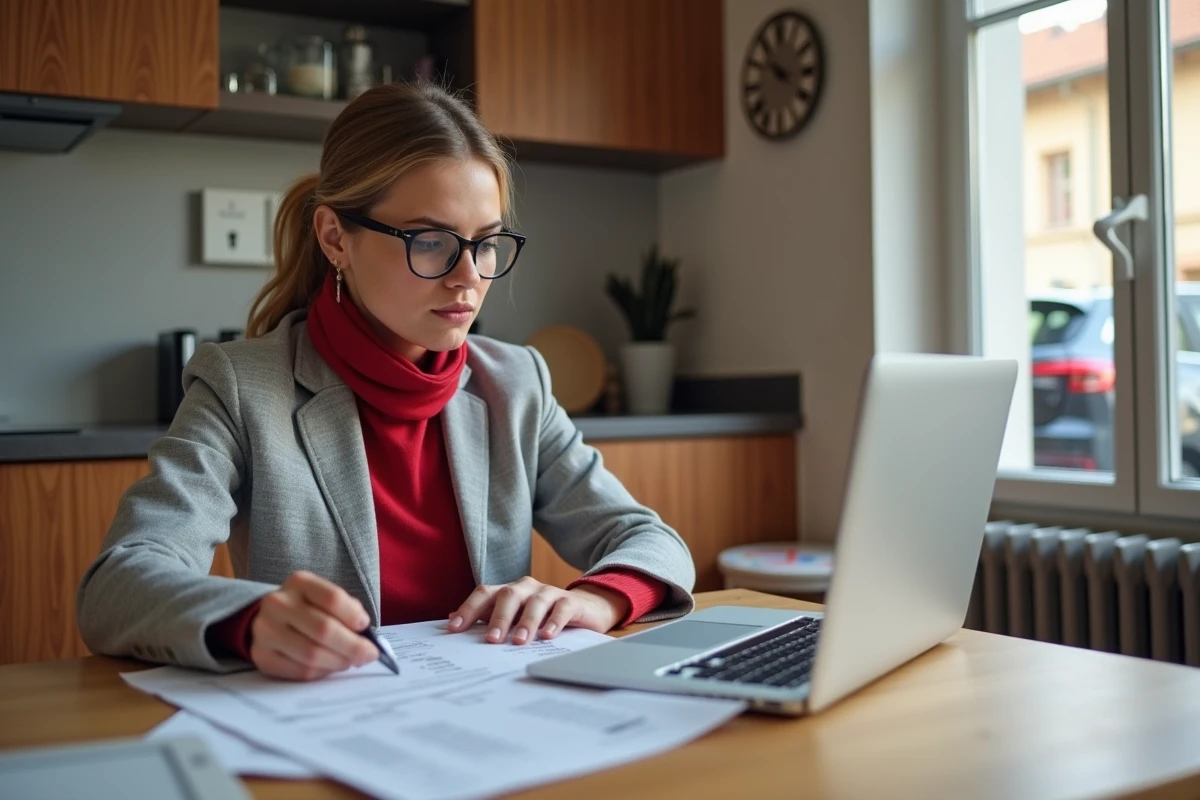 Jeune femme vérifiant des documents de taxe automobile à la maison